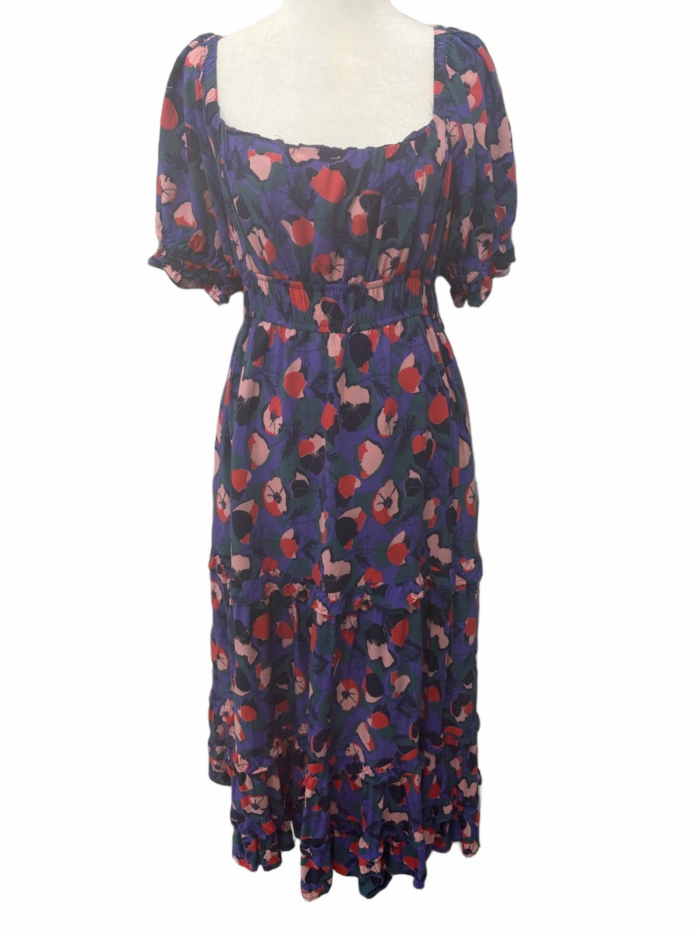 & Merci Purple Floral Tiered Square Neck Midi Dress Size Large L